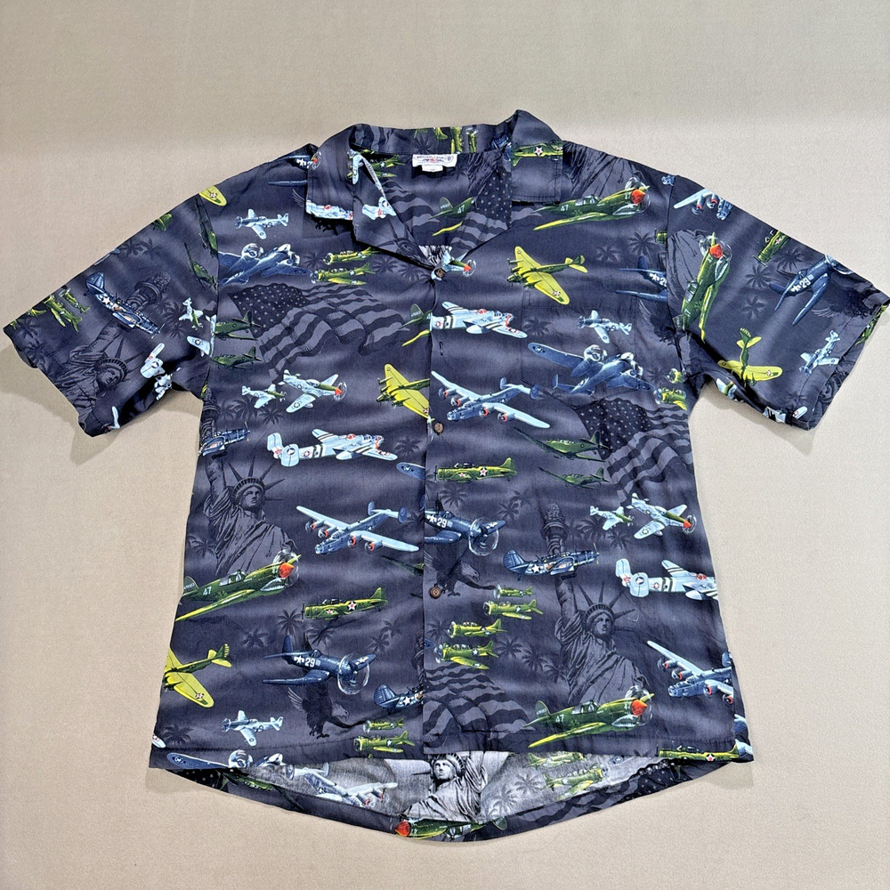 Vtg Pacific Hawaiian Shirt WW2 Fighter Planes Grey Made in Hawaii Mens 2XL